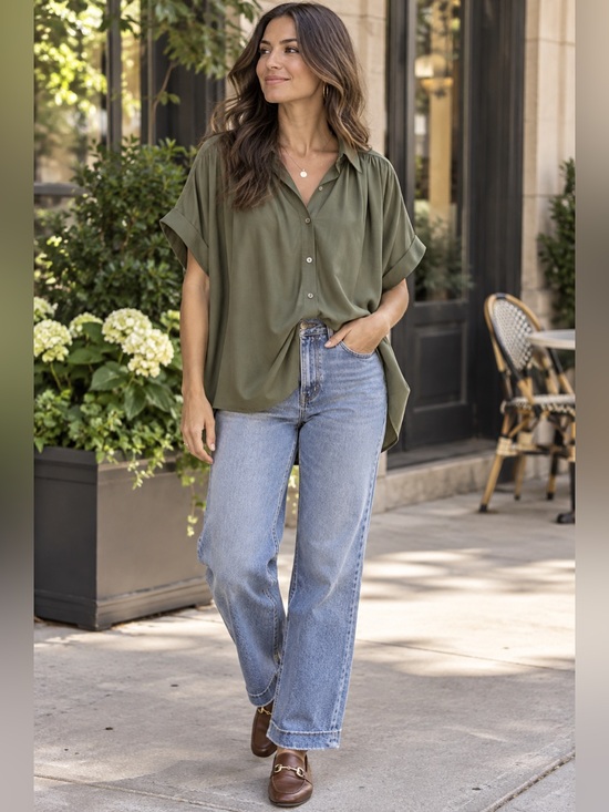 Madewell Tops - Madewell NWT Olive Green Oversized Button Front Dolman Sleeve Shirt L Clean Girl